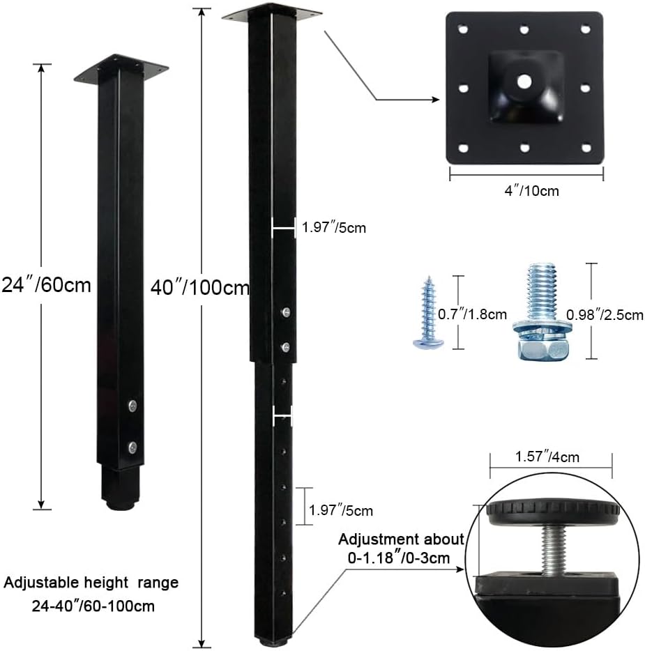 QLLY Adjustable Square Table Leg, 24-40 inch, 60-100cm, Home Office Custom DIY Table Legs, Furniture Leg Set