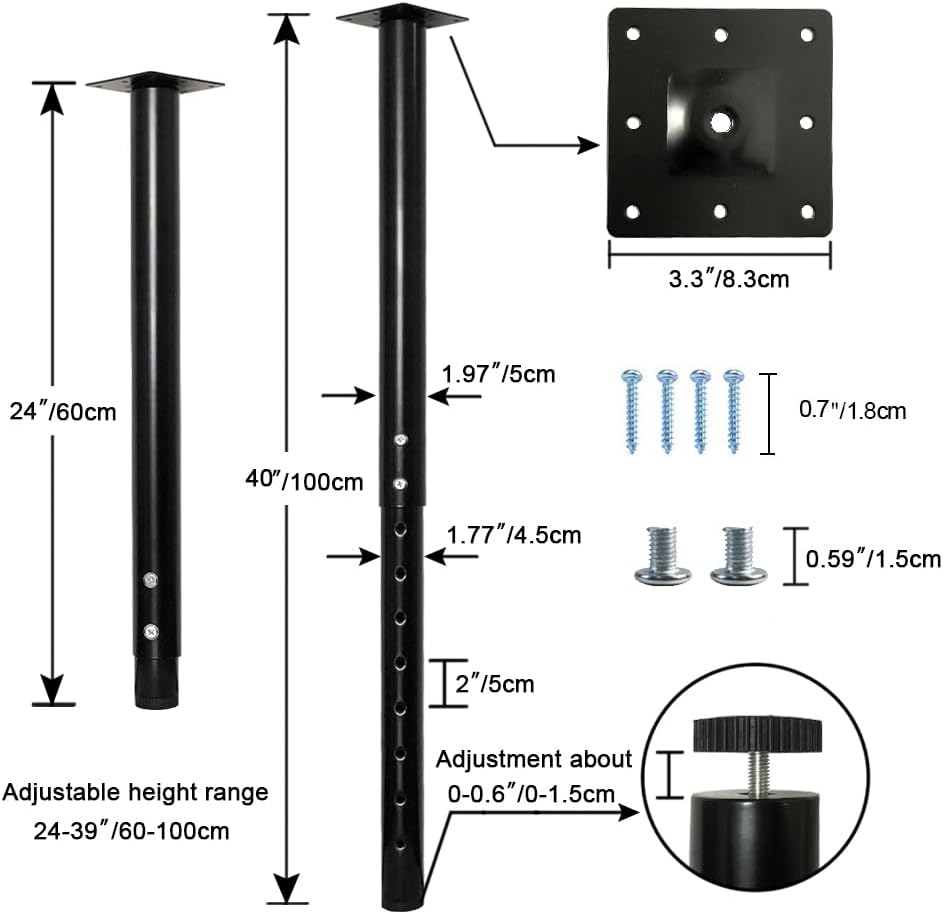QLLY Adjustable Round Desk Leg, 24-40 inch, 60-100cm, Home Office DIY Metal Table Leg, Furniture Leg Set