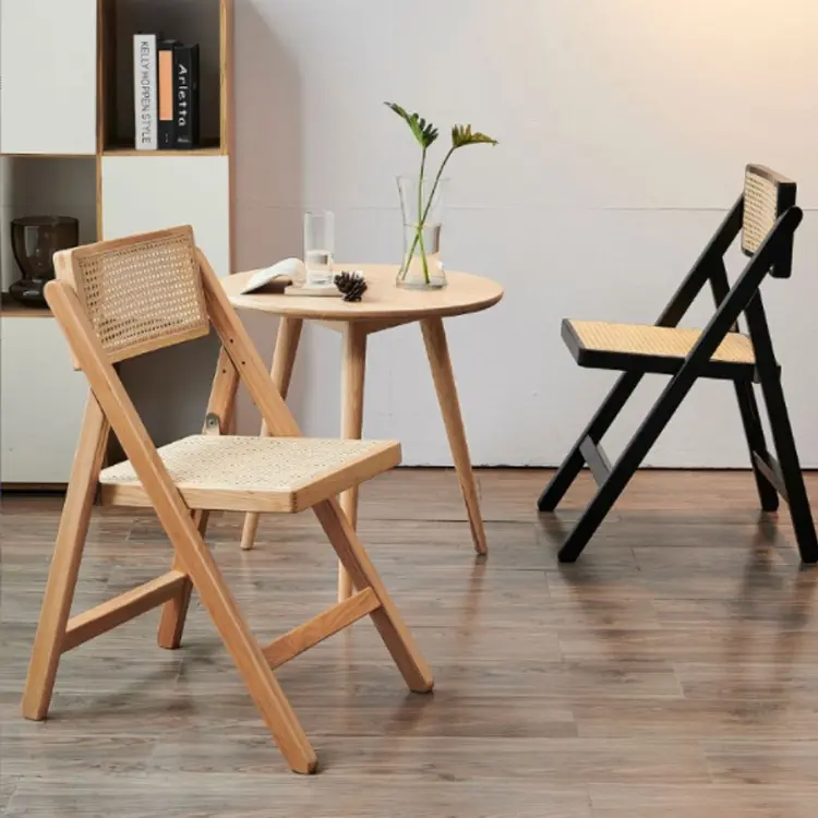 Customized Nordic Luxury Vintage Rattan Chair Balcony Leisure Chair Storage Convenient Household Armchair Solid Wood Rattan Folding Chair