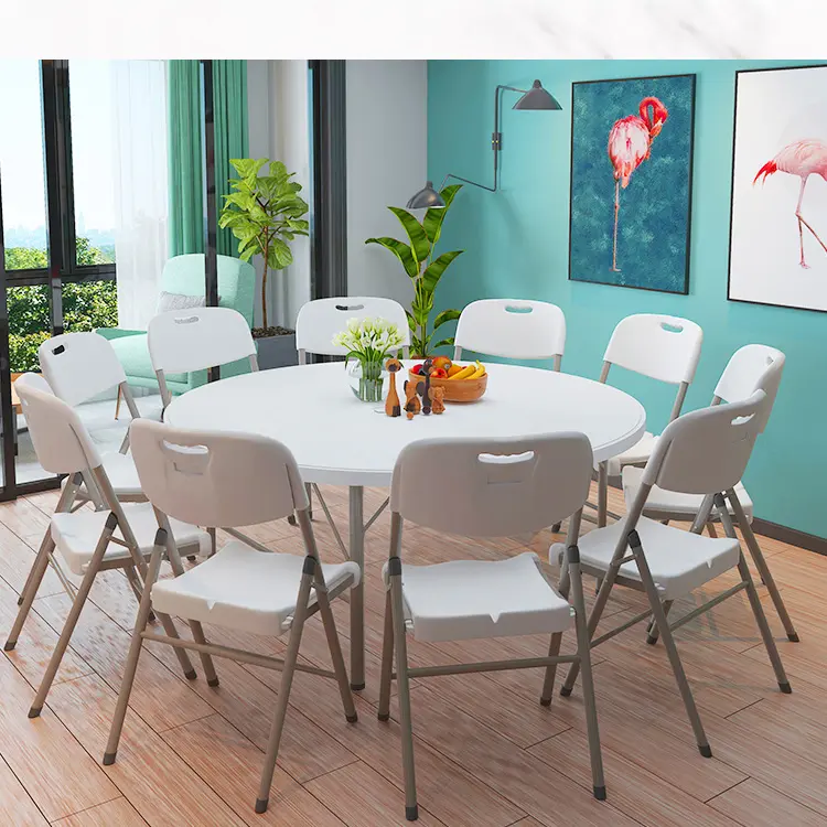 Customized 1.8m Round Table With 12 Chairs, Household Folding Plastic Outdoor Anti-aging Small Bar Table HDPE White Folding Table
