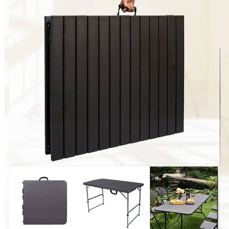 Customized 1.66m HDPE Blow Molded Folding Table Hollowed Out Wood Like Night Market Stall Outdoor Garden Picnic Table