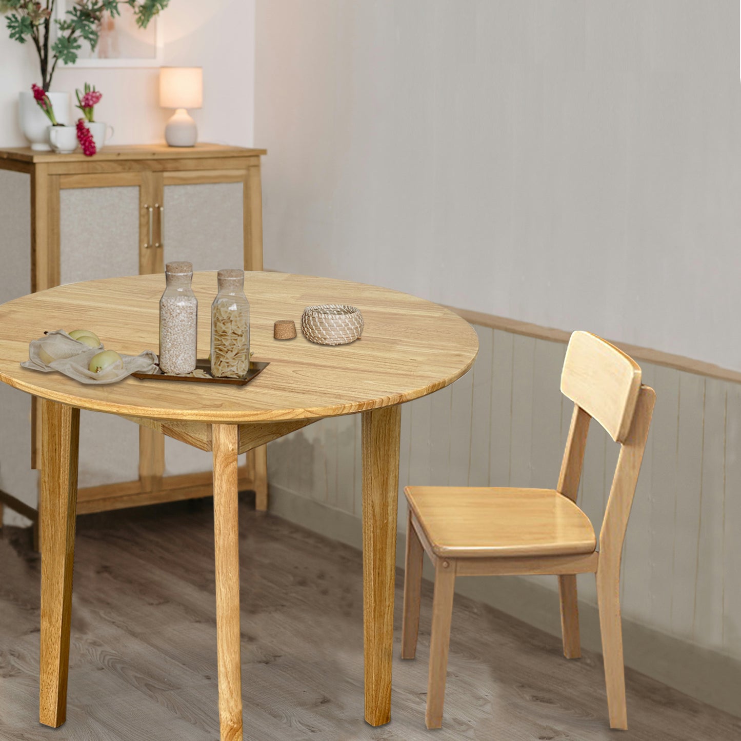 QLLY Round Solid Dining Table for 2-4 People, Wooden Kitchen Table for Small Space, Easy Assembly