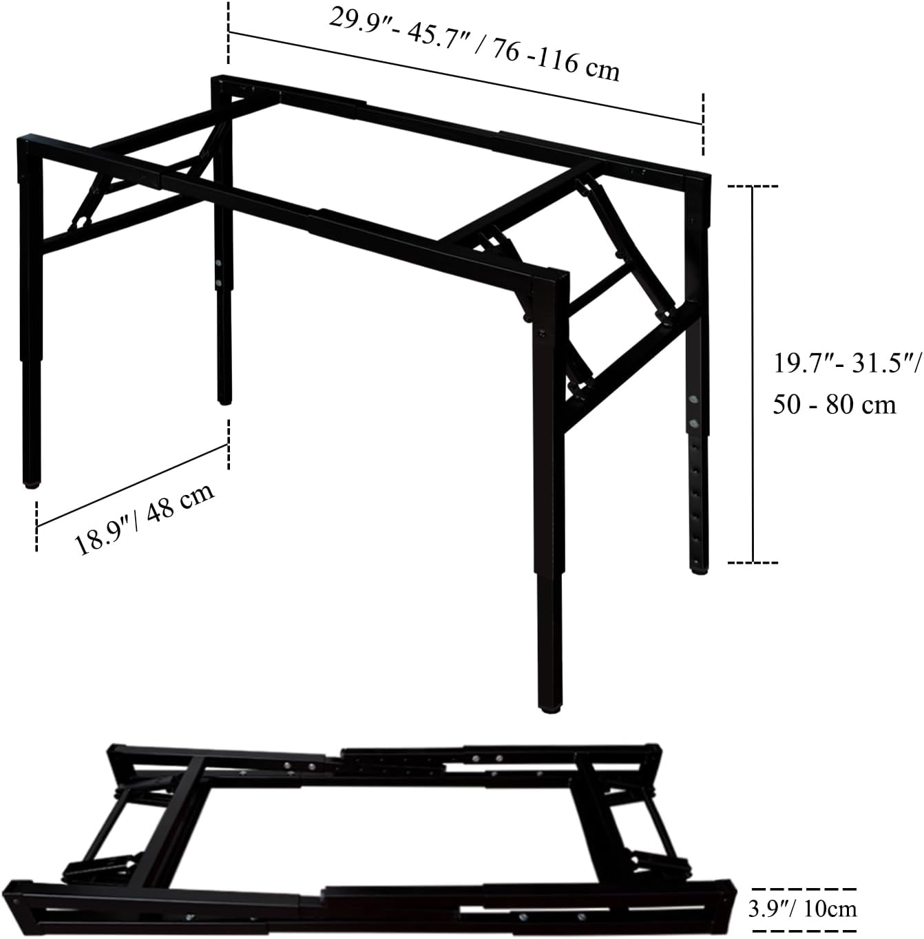 QLLY Folding Desk Frame Height Adjustable & Length Adjustable Base for 39 to 55 inch Tabletops, Heavy Duty Foldable Desk Frame for Small Space/Home Office/Camping (Black)