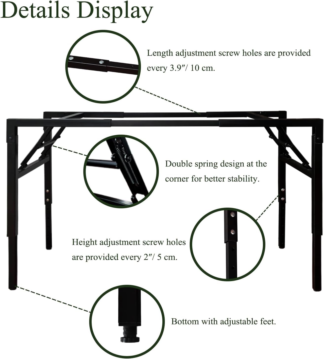 QLLY Folding Desk Frame Height Adjustable & Length Adjustable Base for 39 to 55 inch Tabletops, Heavy Duty Foldable Desk Frame for Small Space/Home Office/Camping (Black)