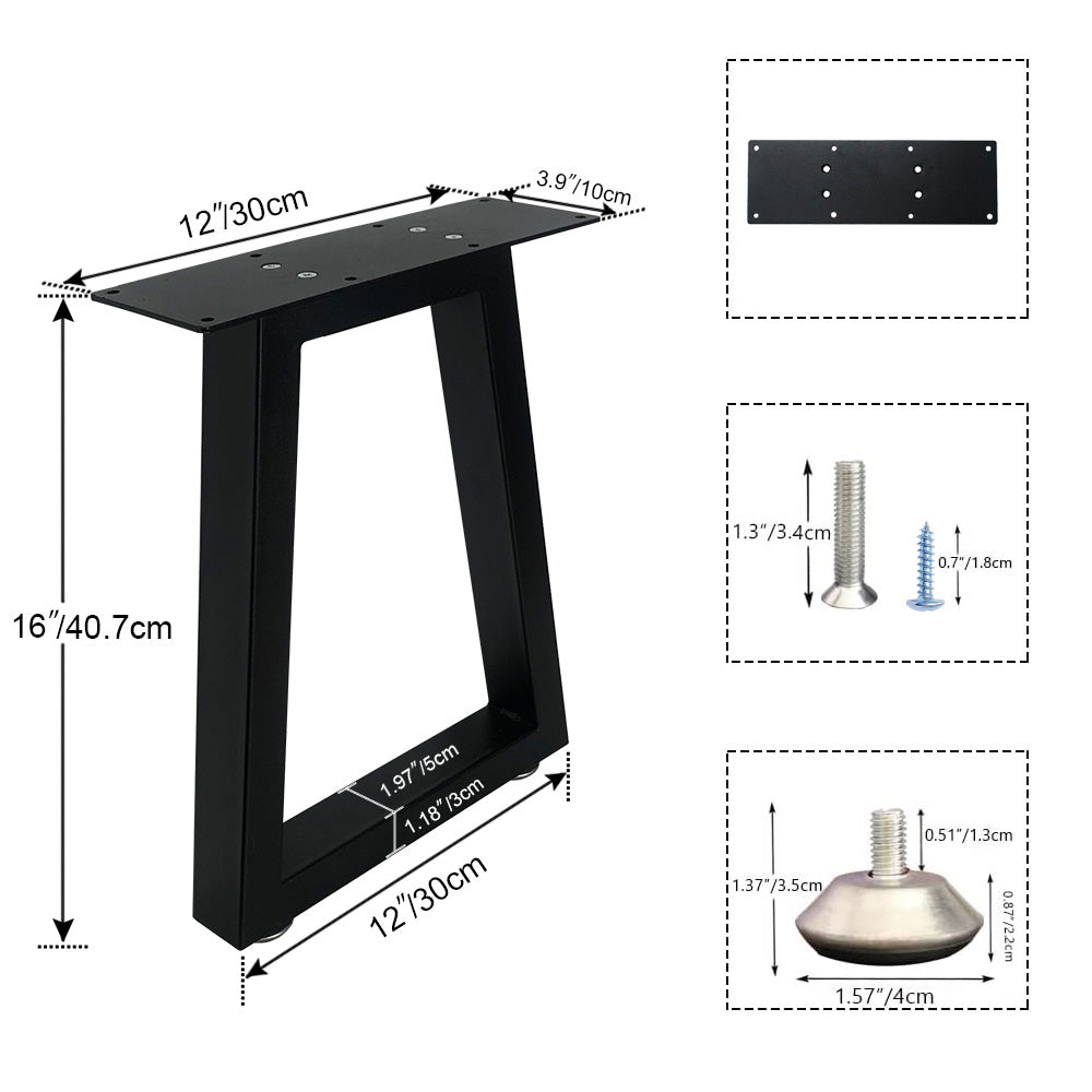 QLLY 16 inch Trapezoid Metal Table Legs, Home Office Desk Legs, Furniture Leg Set, Set of 2 (16 inch, Black）