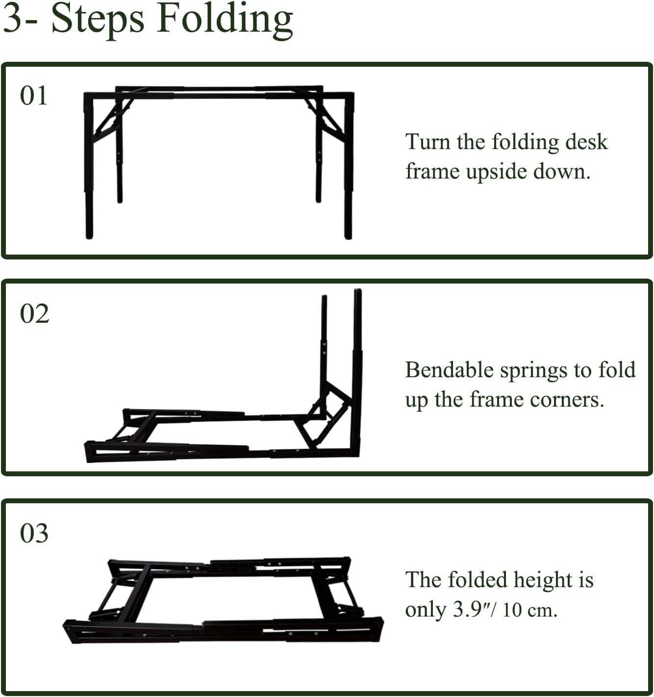 QLLY Folding Desk Frame Height Adjustable & Length Adjustable Base for 39 to 55 inch Tabletops, Heavy Duty Foldable Desk Frame for Small Space/Home Office/Camping (Black)