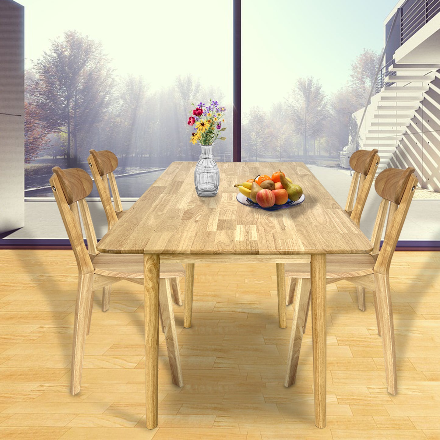 QLLY Solid Wood Rectangular Dining Table, Natural Wood Oak Kitchen Desk, Easy Assembly