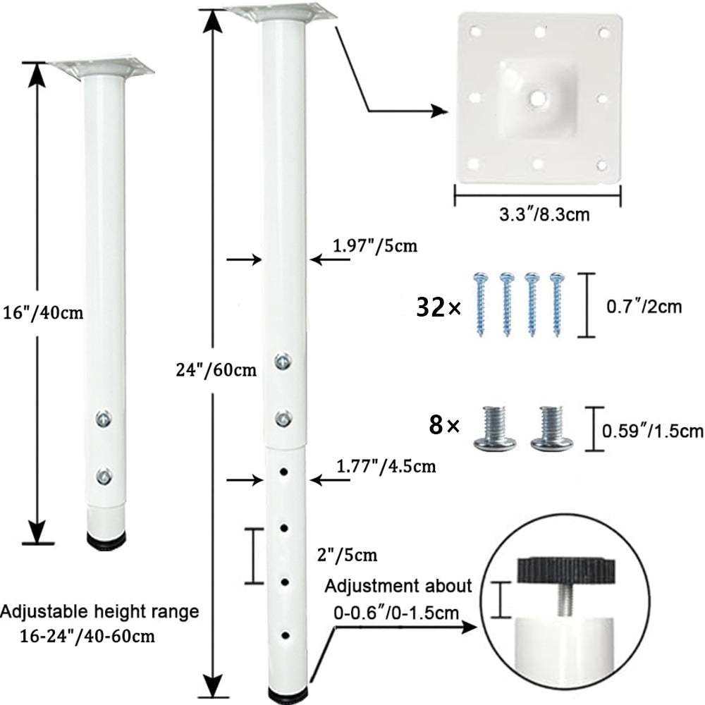 QLLY Adjustable Metal Table Leg, 16-24 inch, 40-60cm, Home Office DIY Desk Leg, Furniture Leg Set