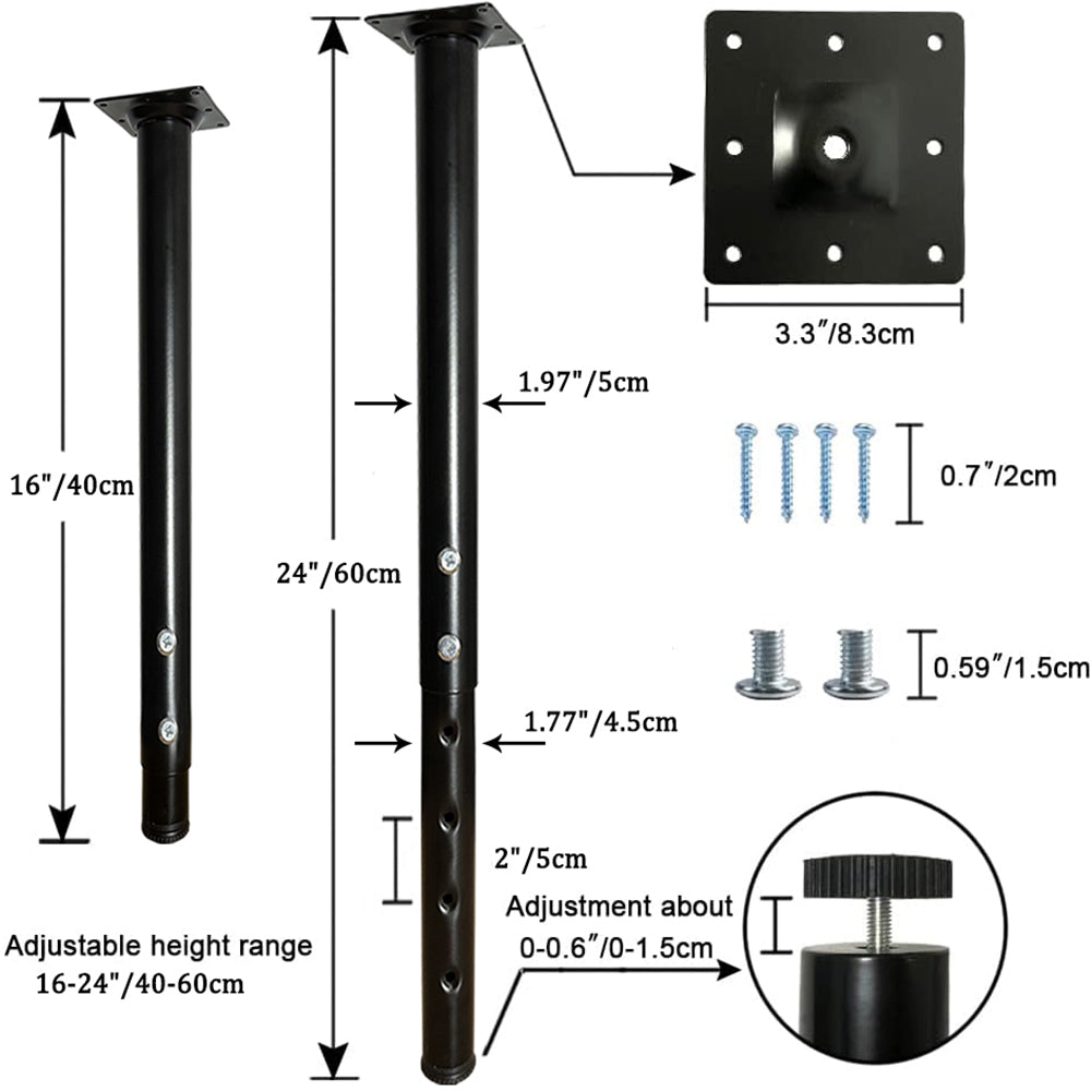 QLLY Adjustable Metal Table Leg, 16-24 inch, 40-60cm, Home Office DIY Desk Leg, Furniture Leg Set