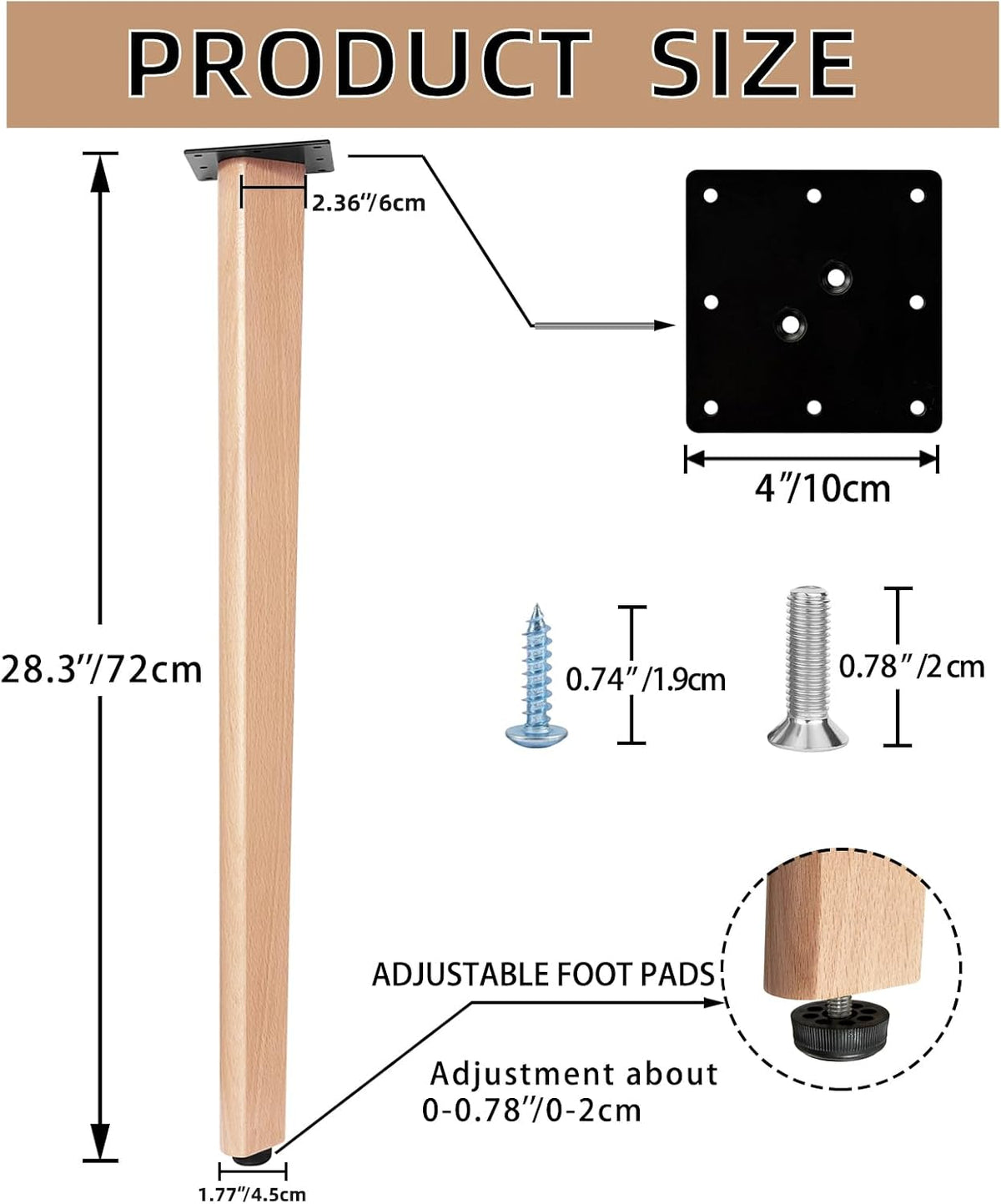 Solid Beech Wood Table Legs, Wooden Furniture Leg, Full Hardware for Dining & Office Desk Builds