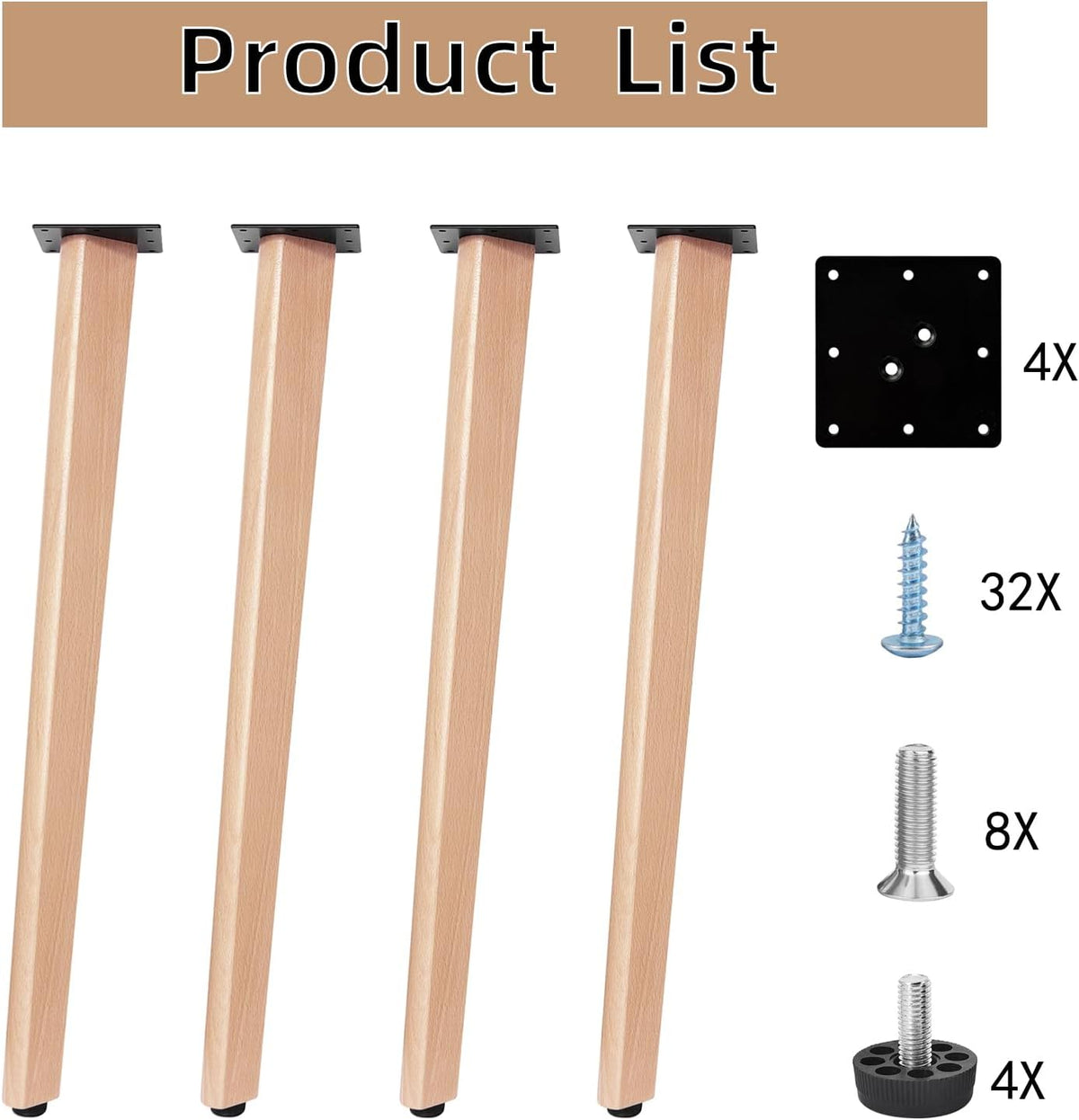 Solid Beech Wood Table Legs, Wooden Furniture Leg, Full Hardware for Dining & Office Desk Builds