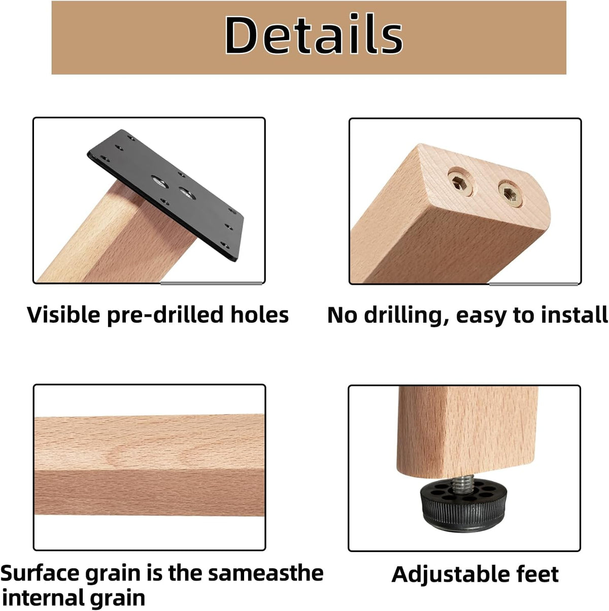 Solid Beech Wood Table Legs, Wooden Furniture Leg, Full Hardware for Dining & Office Desk Builds