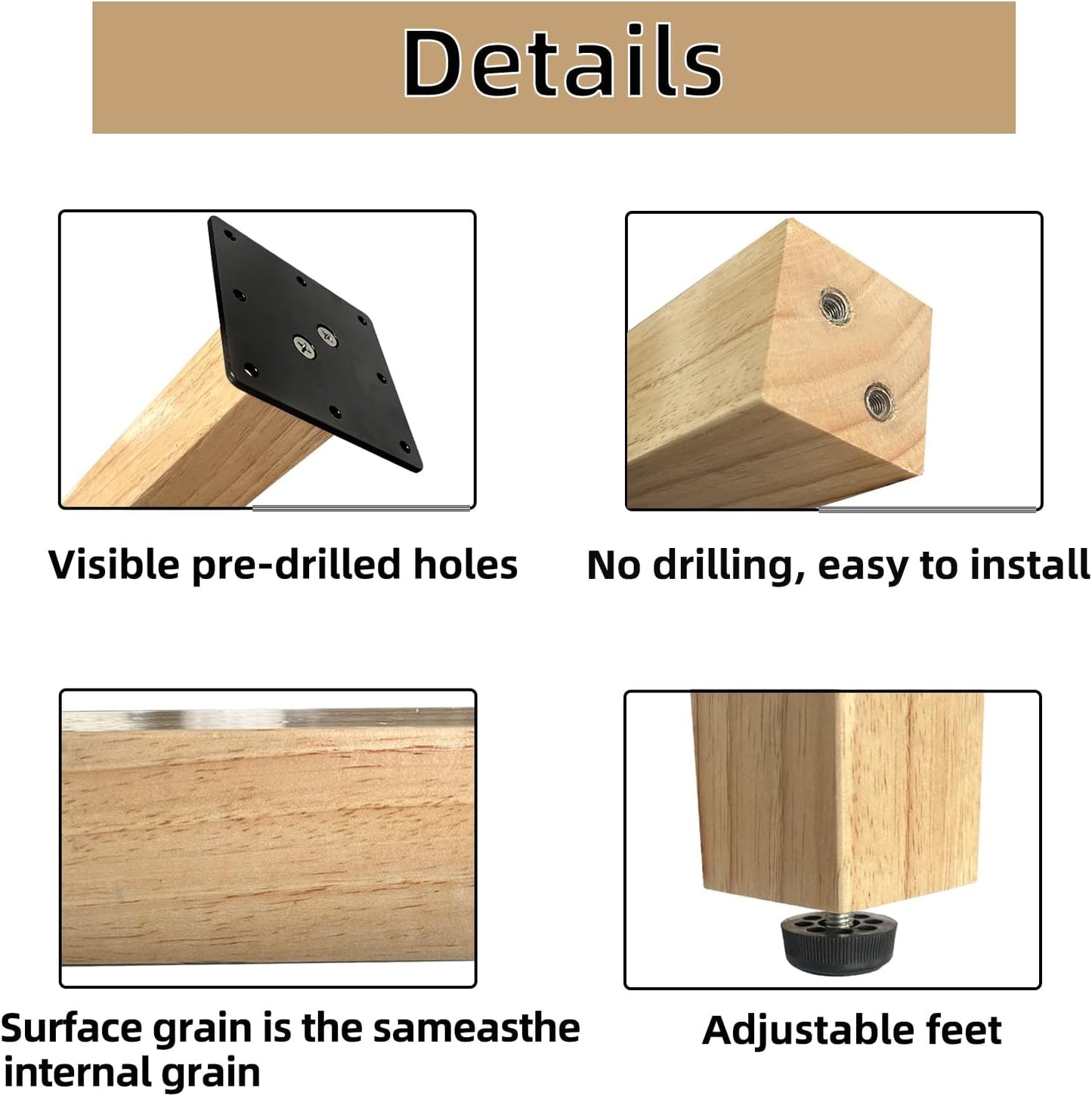 QLLY 28 inch Square Wooden Table Legs, Solid Wood Desk Legs, Wood Furniture Legs, Set of 4, Easy to Install - Perfect for DIY Dining Tables, Coffee Tables, and Benches (Natural, 28 inch)