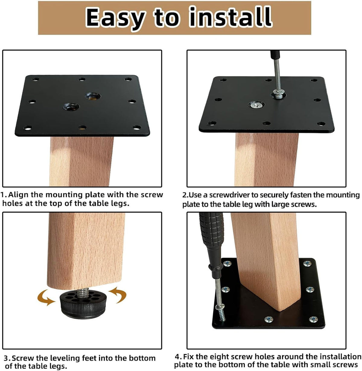 Solid Beech Wood Table Legs, Wooden Furniture Leg, Full Hardware for Dining & Office Desk Builds