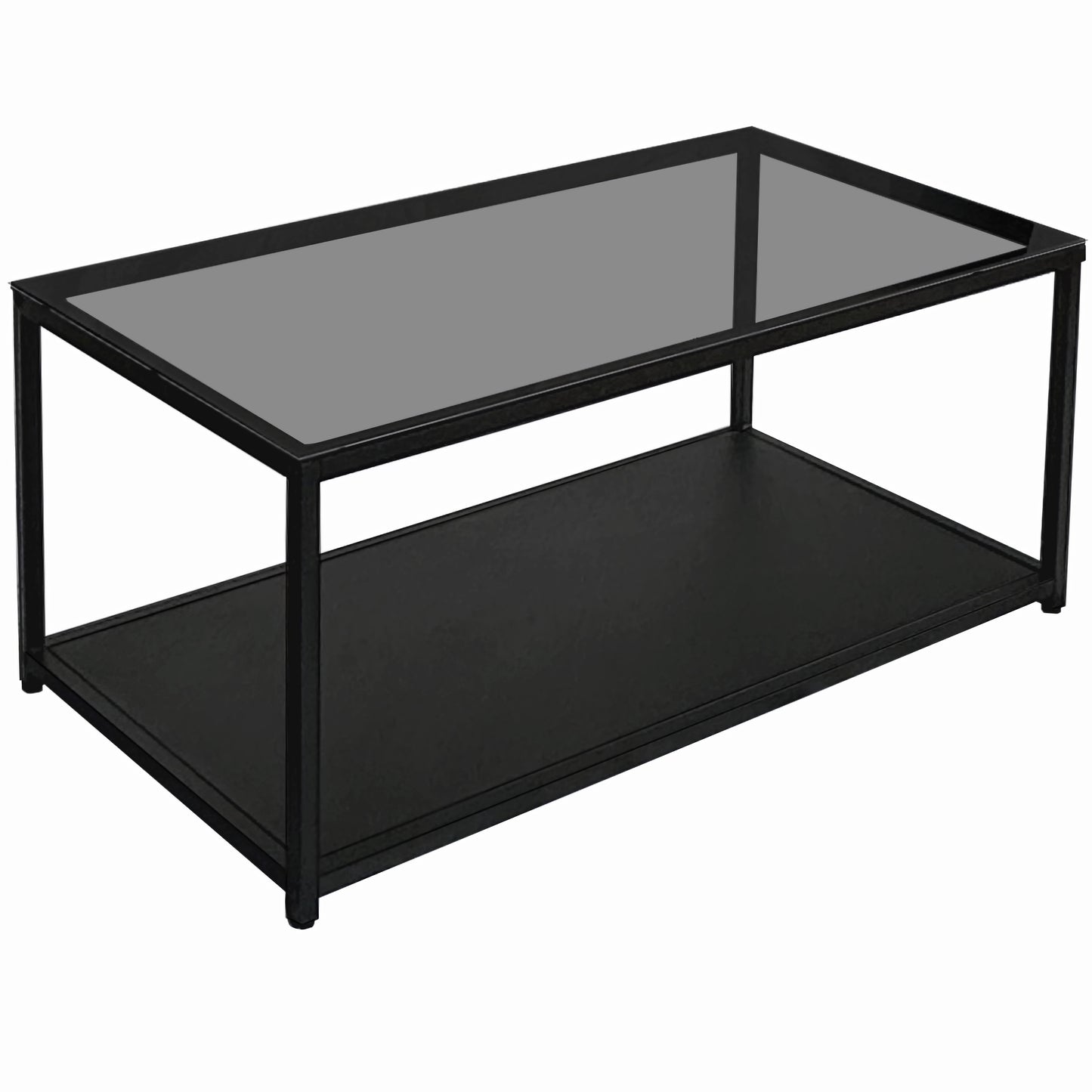 QLLY Rectangle Coffee Table with Glass Top for Living Room, 2-Tier Cocktail Table, Center Table with Shelf, Black Steel Frame, Industrial Style