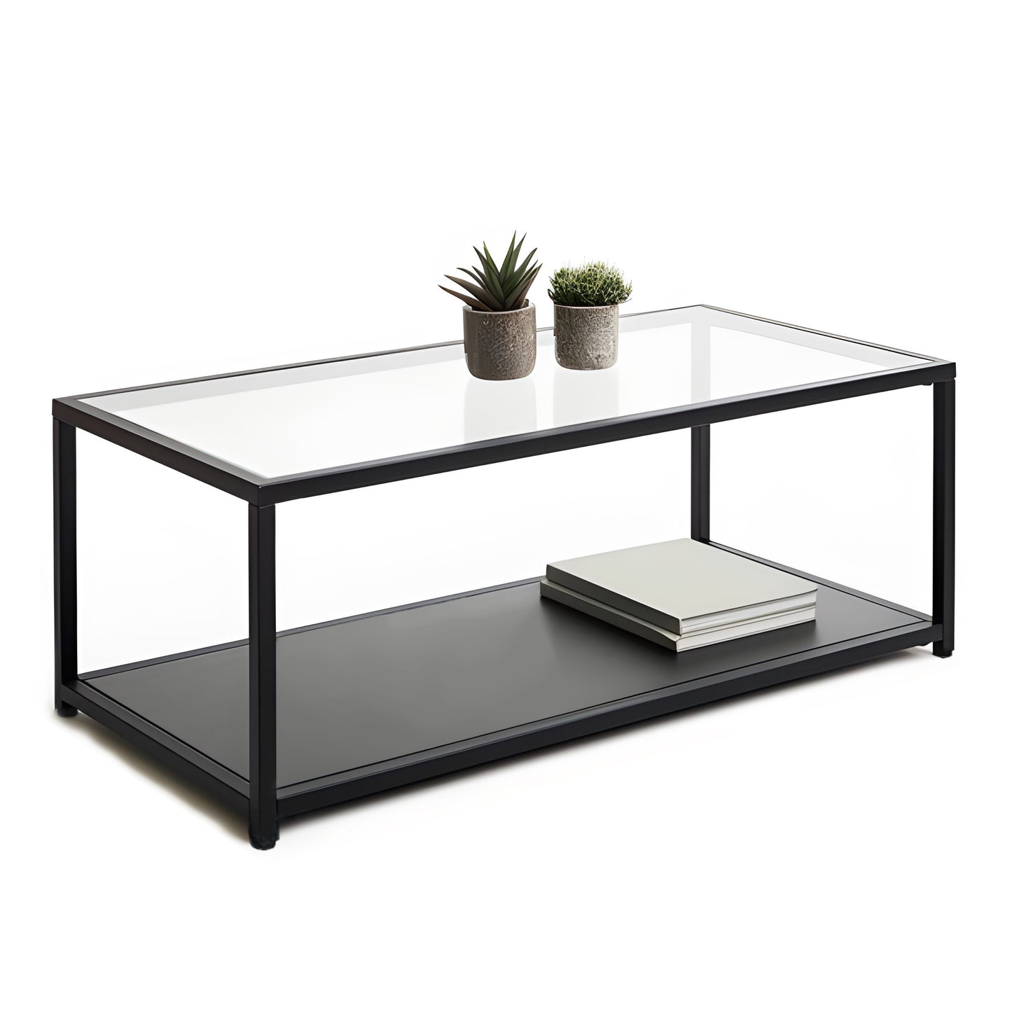 QLLY Rectangle Coffee Table with Glass Top for Living Room, 2-Tier Cocktail Table, Center Table with Shelf, Black Steel Frame, Industrial Style