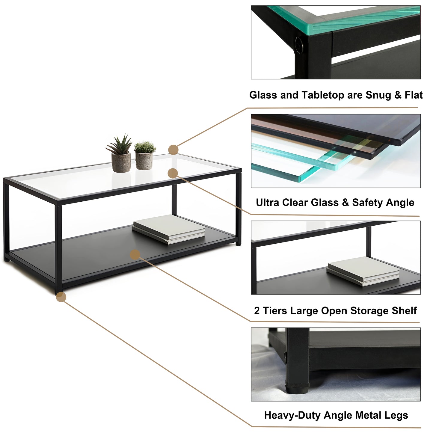 QLLY Rectangle Coffee Table with Glass Top for Living Room, 2-Tier Cocktail Table, Center Table with Shelf, Black Steel Frame, Industrial Style