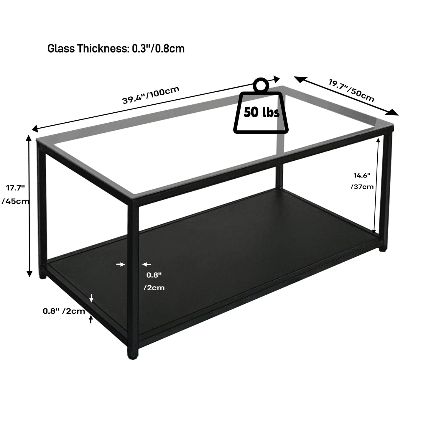 QLLY Rectangle Coffee Table with Glass Top for Living Room, 2-Tier Cocktail Table, Center Table with Shelf, Black Steel Frame, Industrial Style