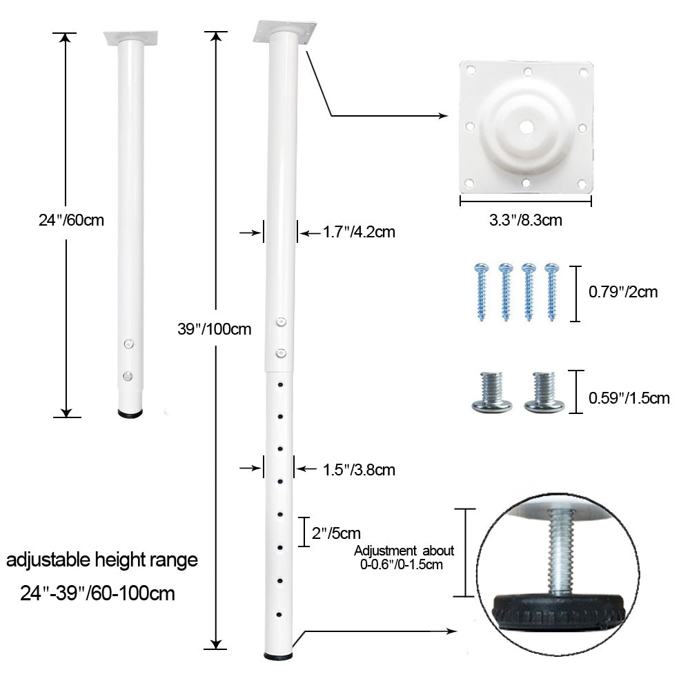 QLLY Adjustable Metal Table Leg, 24-40 inch, 60-100cm, Home Office DIY Desk Leg, Furniture Leg Set