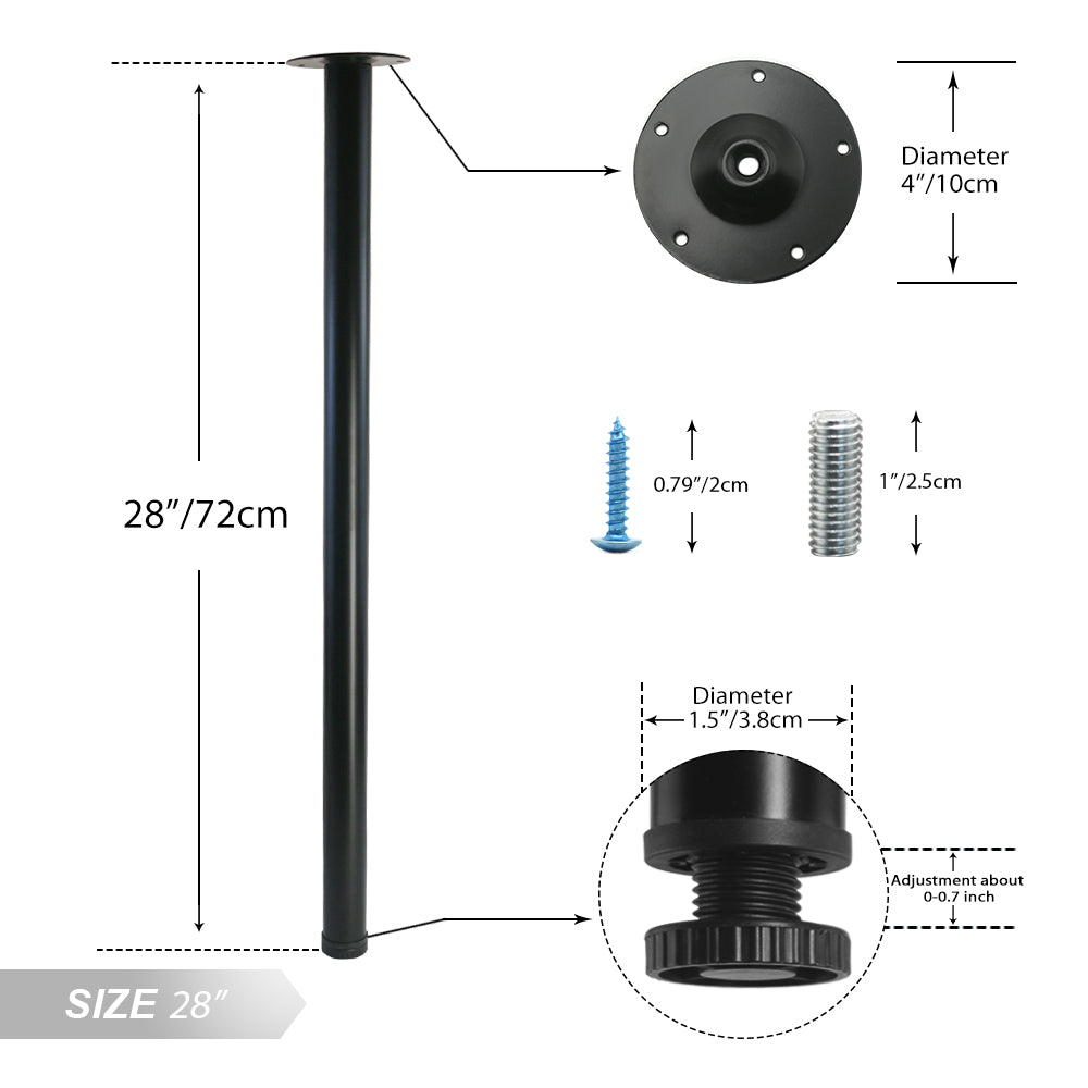 QLLY Adjustable Metal Desk Legs, Office Table Furniture Leg Set, 1.5 Inches(38mm) Diameter, Set of 4