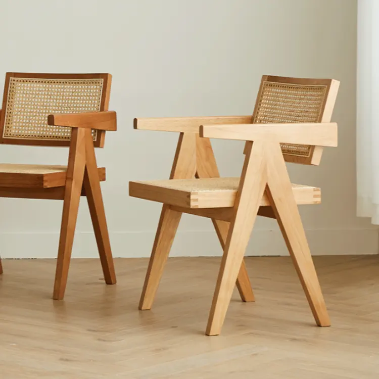 Customized Simple Household Solid Wood Rattan Backrest Short Arm Chandigarh Chair