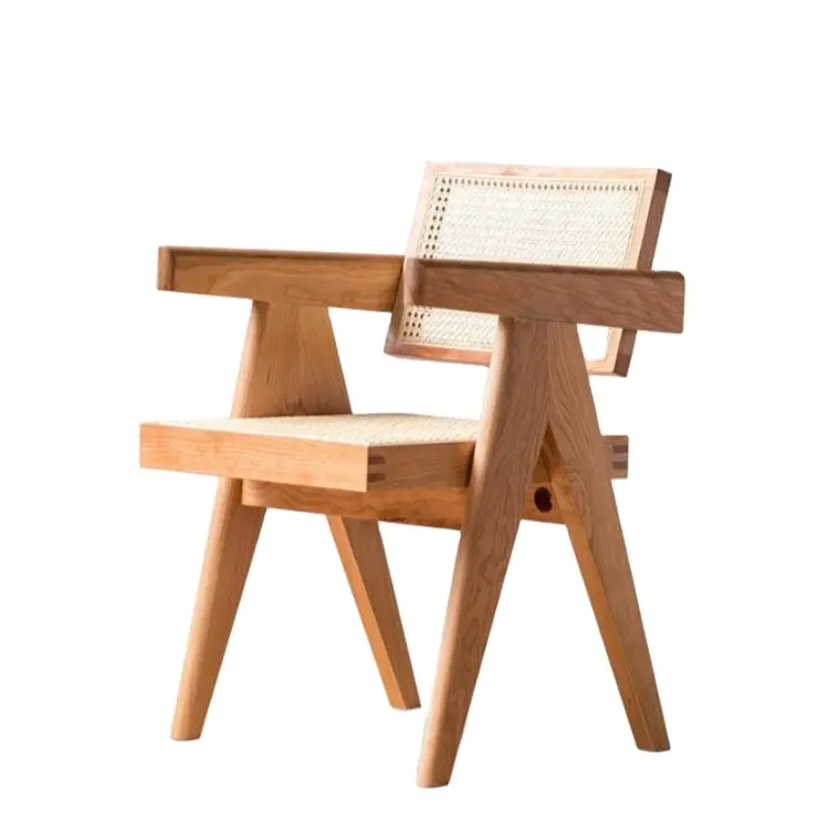 Customized Simple Household Solid Wood Rattan Backrest Short Arm Chandigarh Chair