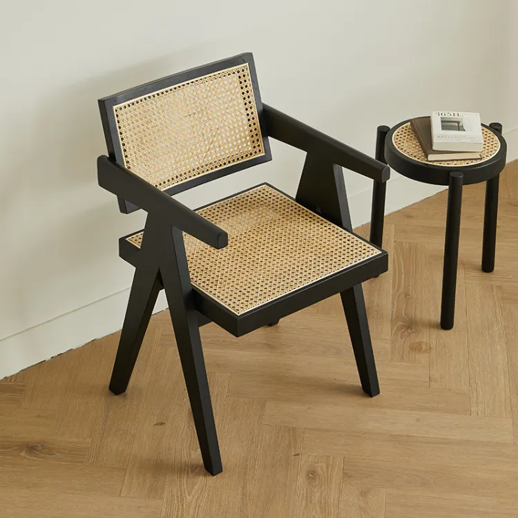Customized Simple Household Solid Wood Rattan Backrest Short Arm Chandigarh Chair