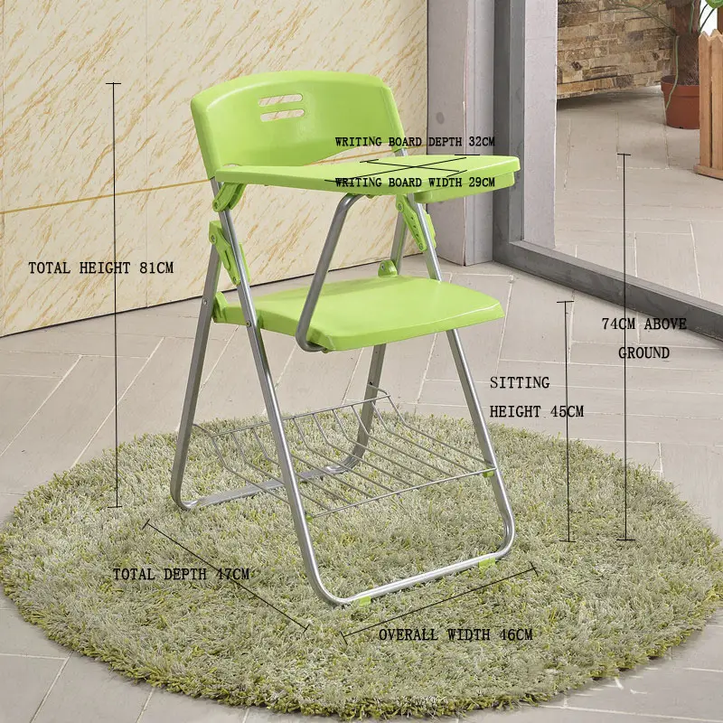 Customized  Wholesale cheap folding learning and training chair with writing pad table and bookshelf, church student office conference chair