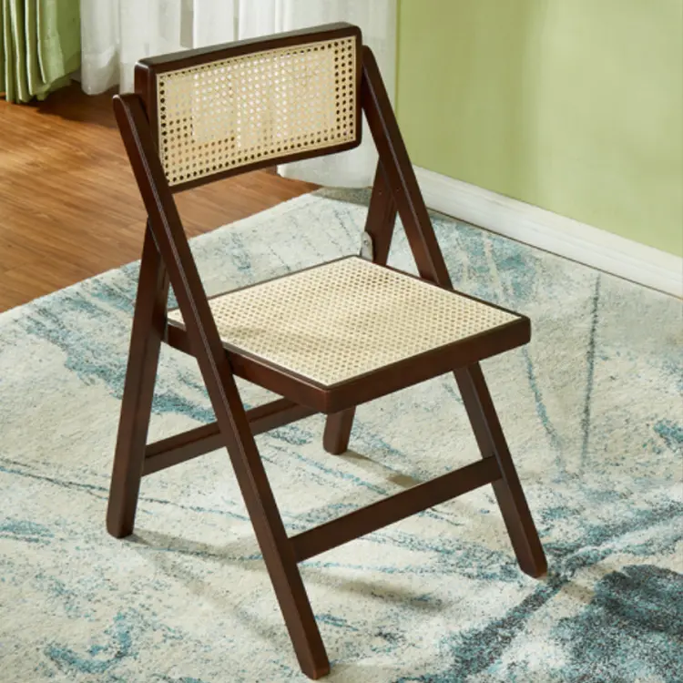 Customized  Nordic Luxury Vintage Rattan Chair Balcony Leisure Chair Storage Convenient Household Armchair Solid Wood Rattan Folding Chair