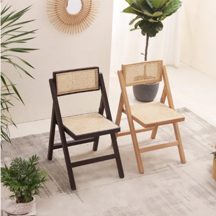 Customized  Nordic Luxury Vintage Rattan Chair Balcony Leisure Chair Storage Convenient Household Armchair Solid Wood Rattan Folding Chair