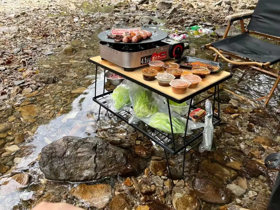 Customized Multi-purpose Tableware Drainer Outdoor Folding Grid Table Bamboo Board Camping Portable Barbecue Table