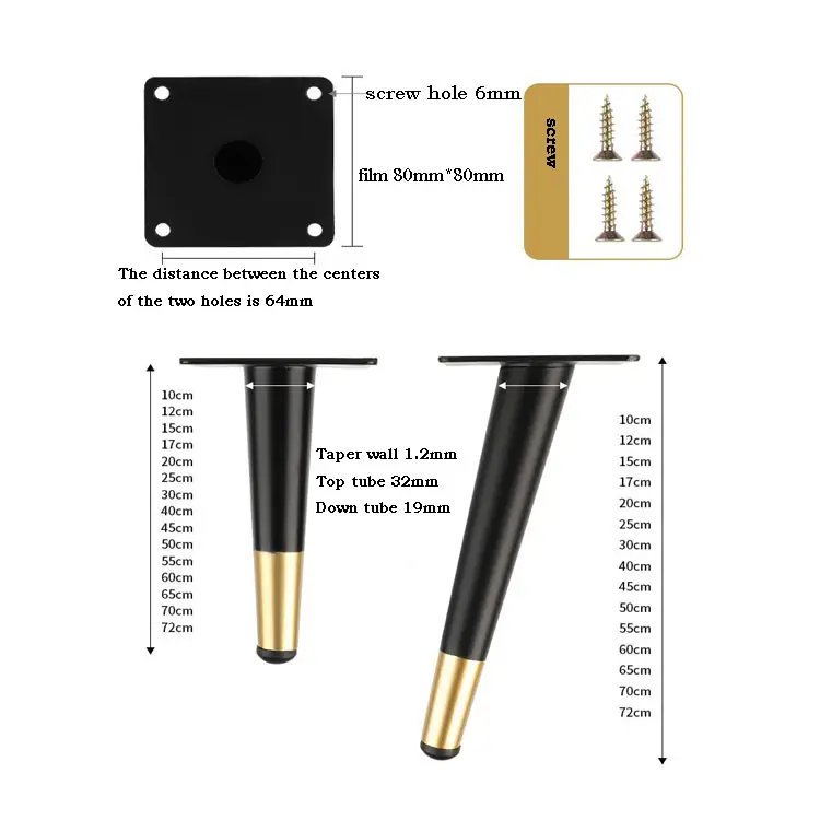 Customized Tapered Titanium Gold Matte Black Leg 100mm-720mm Furniture Sofa Support Feet Cabinet Feet