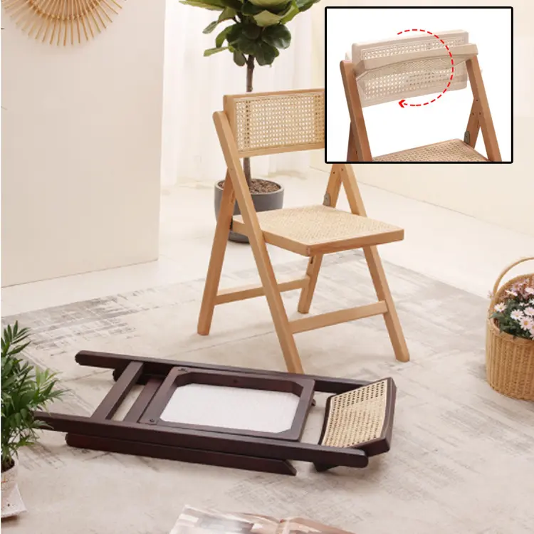 Customized  Nordic Luxury Vintage Rattan Chair Balcony Leisure Chair Storage Convenient Household Armchair Solid Wood Rattan Folding Chair
