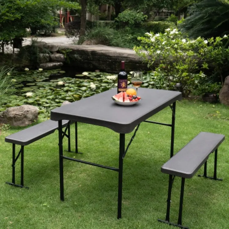 Customized 1.66m HDPE Blow Molded Folding Table Hollowed Out Wood Like Night Market Stall Outdoor Garden Picnic Table