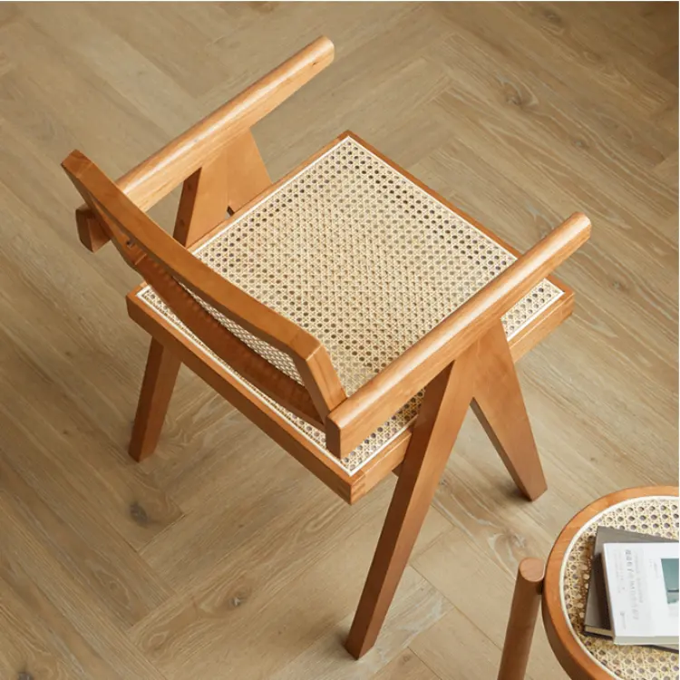 Customized Simple Household Solid Wood Rattan Backrest Short Arm Chandigarh Chair