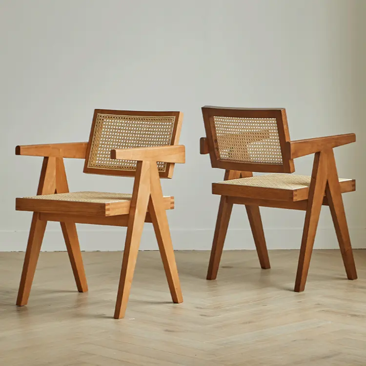 Customized Simple Household Solid Wood Rattan Backrest Short Arm Chandigarh Chair