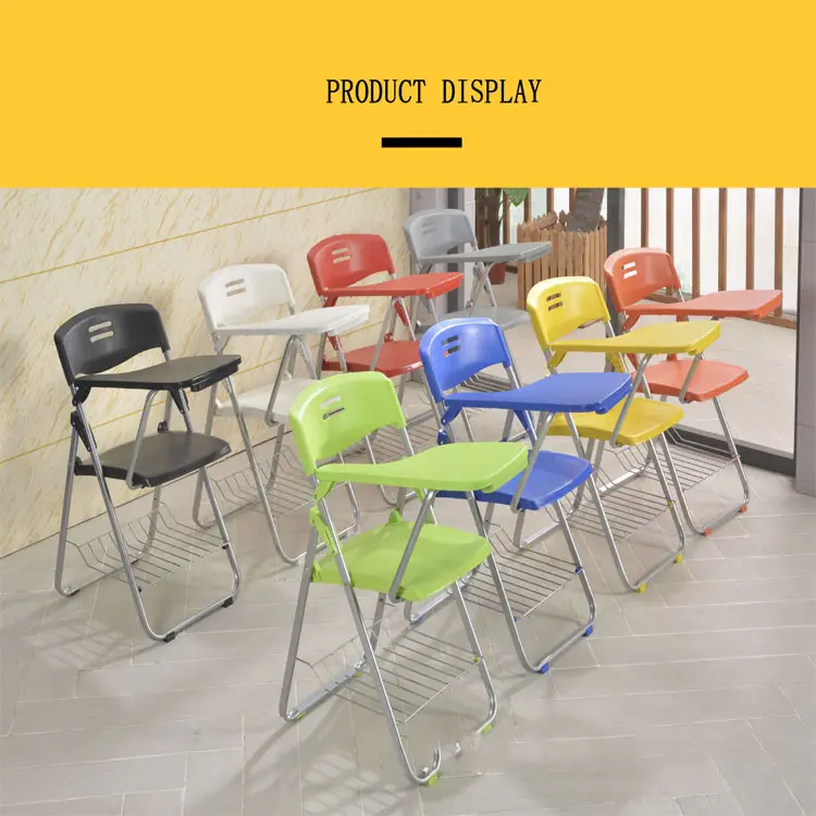 Customized  Wholesale cheap folding learning and training chair with writing pad table and bookshelf, church student office conference chair