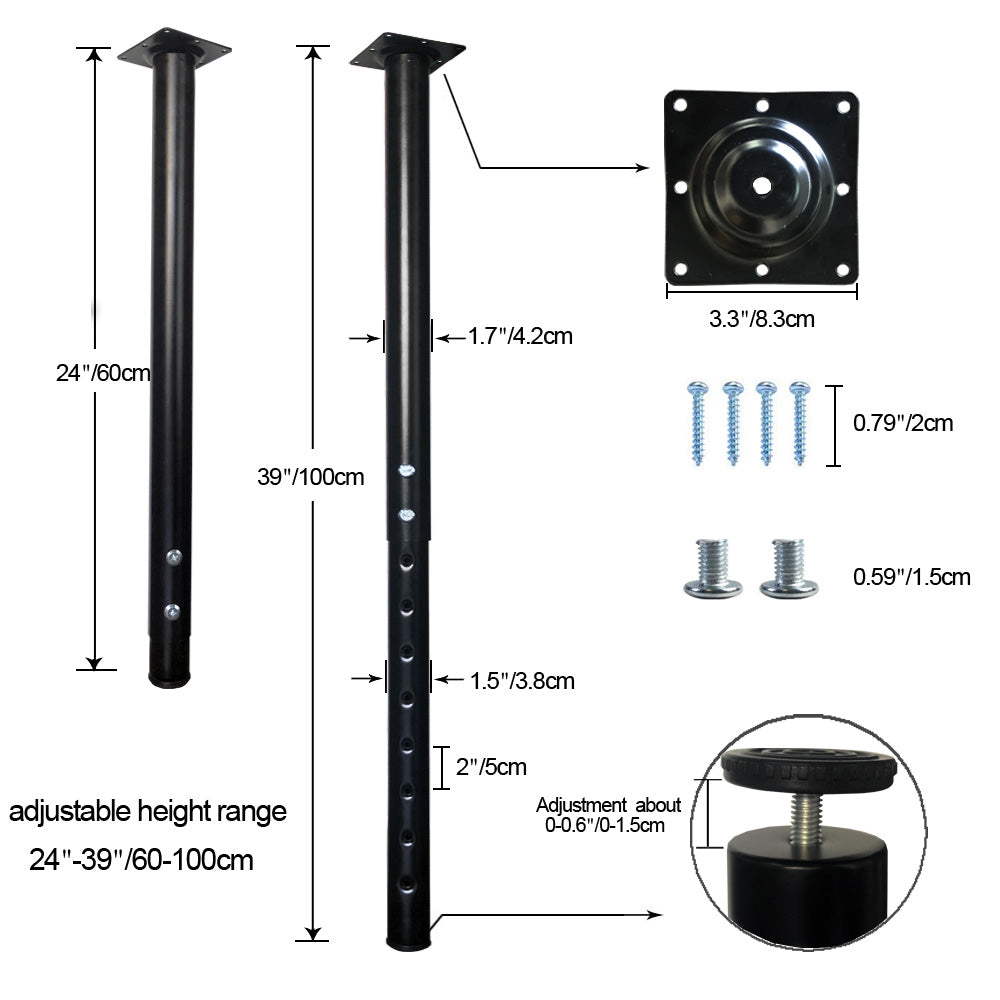 QLLY Adjustable Metal Table Leg, 24-40 inch, 60-100cm, Home Office DIY Desk Leg, Furniture Leg Set